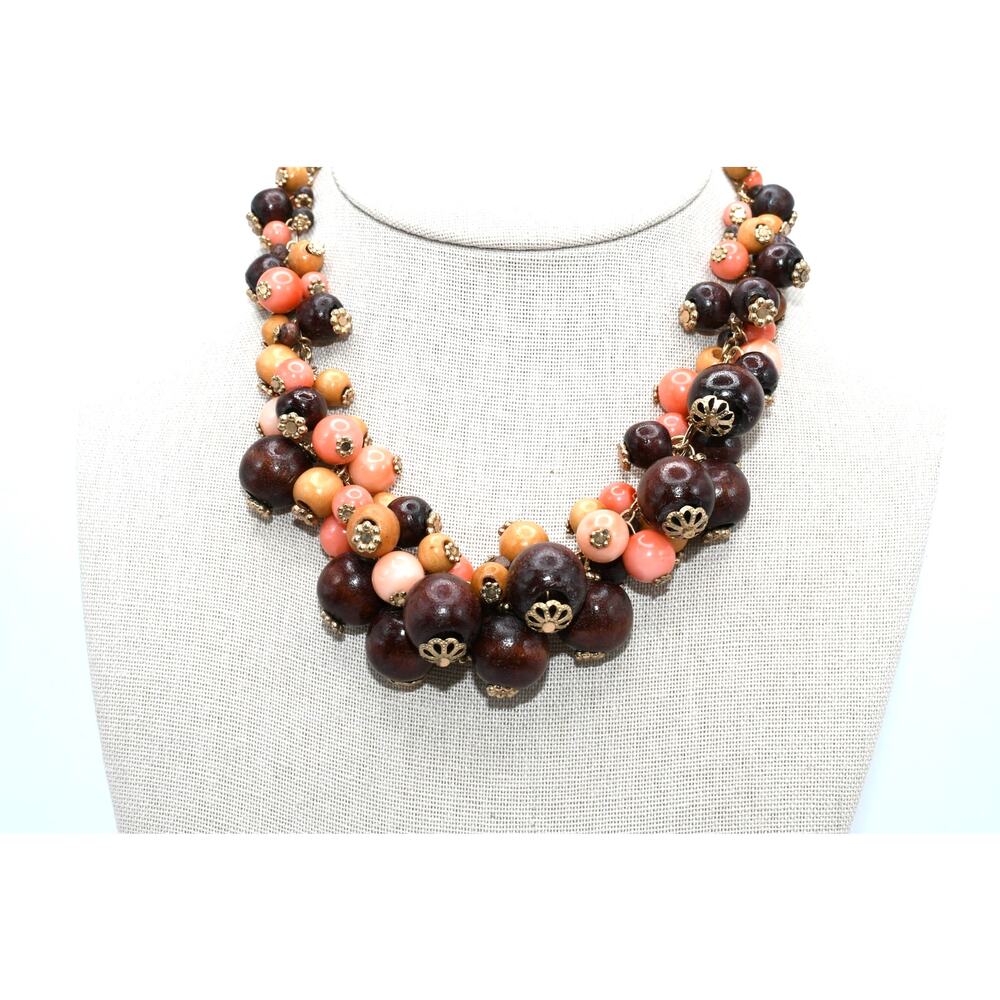 Robert Rose Beaded Necklace Wood Beads Orange Glass Gold Tone 19”